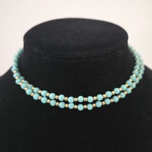 VTG 70s Marvella Blue Faux Turquoise Gold Tone Metal Beaded Dainty Necklace